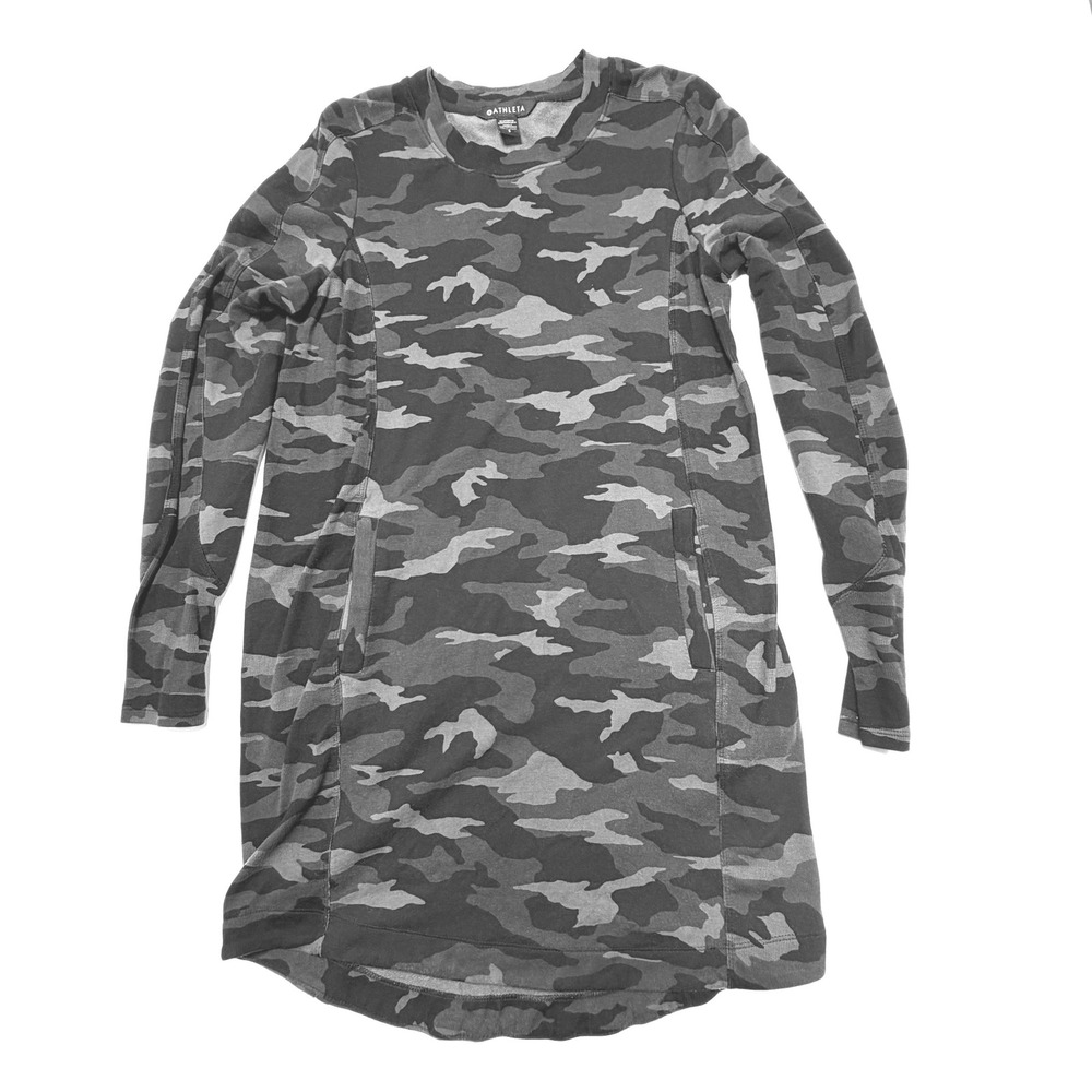 Athleta Cloudlight Camo Tunic Dress Small SP Long‎ Sleeve Gray Black Pocket